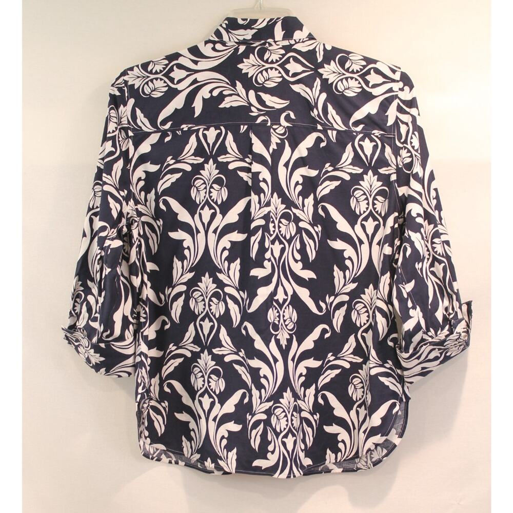Chico's Cotton No Iron Top Womens size 12 Navy White Cuff 3/4 Sleeve Button Up - Picture 4 of 7